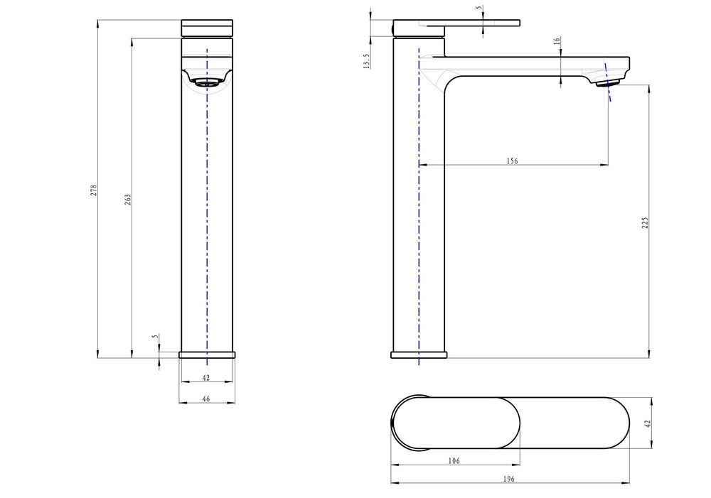 Linsol Capo Tall Basin Mixer technical drawing
