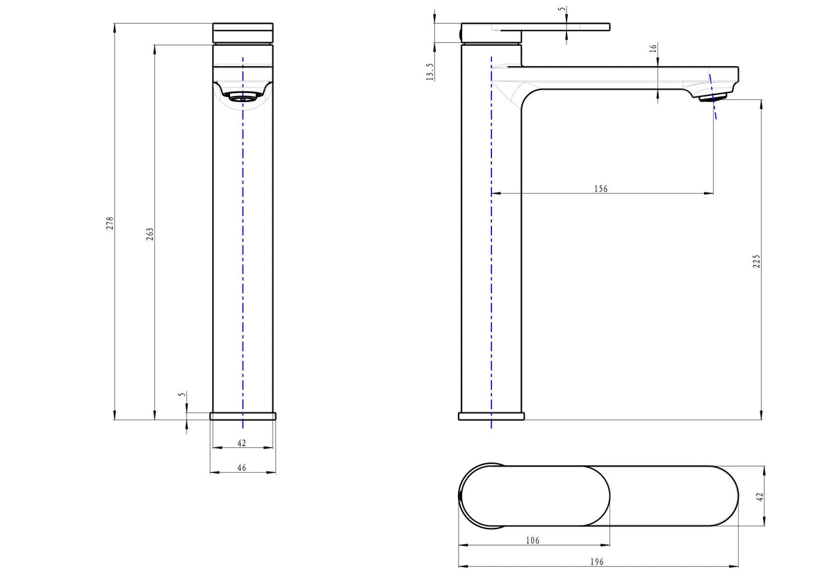 Linsol Capo Tall Basin Mixer technical drawing