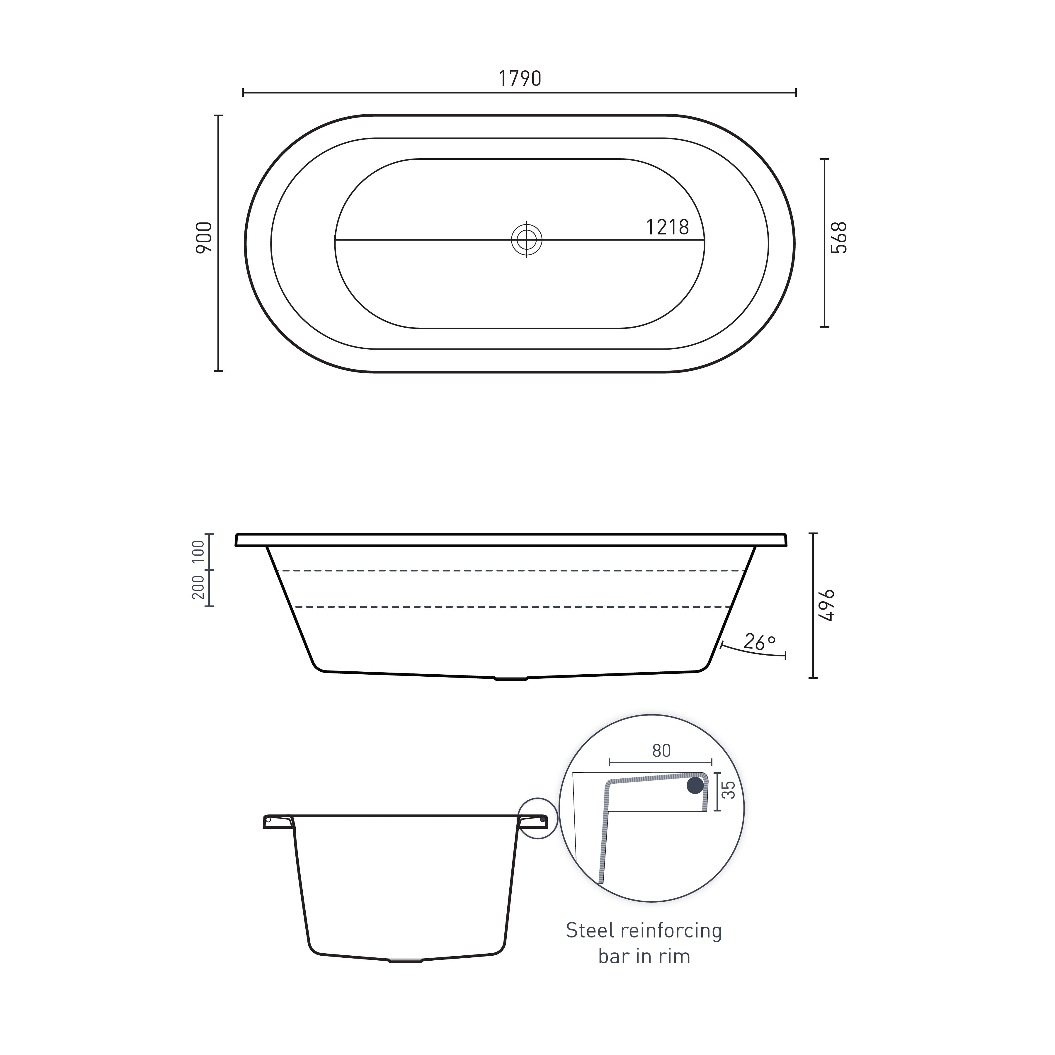 DECINA CAVAL INSET DOLCE VITA SPA BATH GLOSS WHITE 1790MM WITH 18-JETS