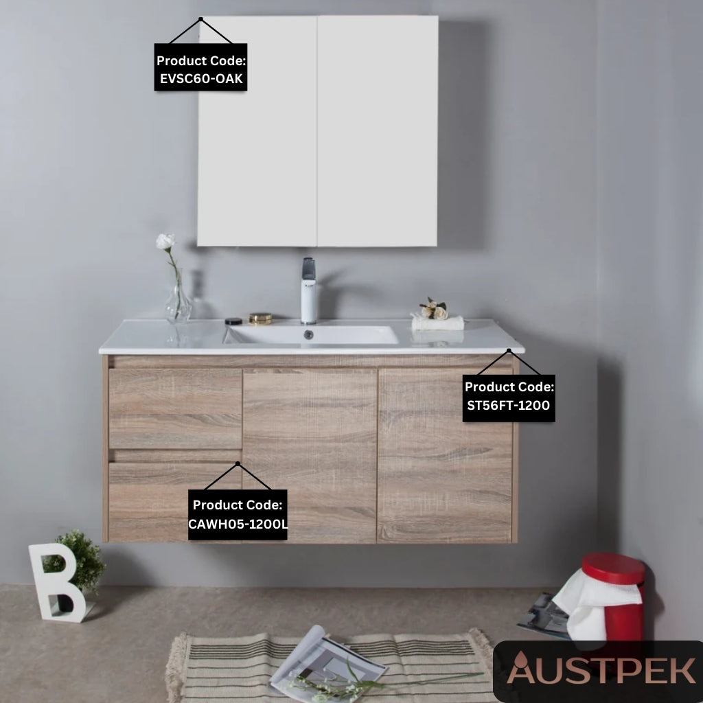 AULIC GRACE WHITE OAK 1200MM SINGLE BOWL WALL HUNG VANITY (AVAILABLE IN LEFT AND RIGHT HAND DRAWER)