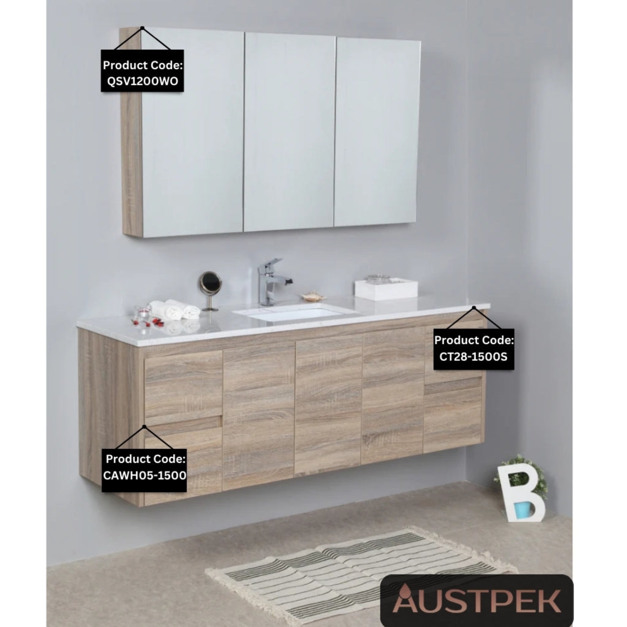 AULIC GRACE WHITE OAK 1500MM SINGLE BOWL WALL HUNG VANITY