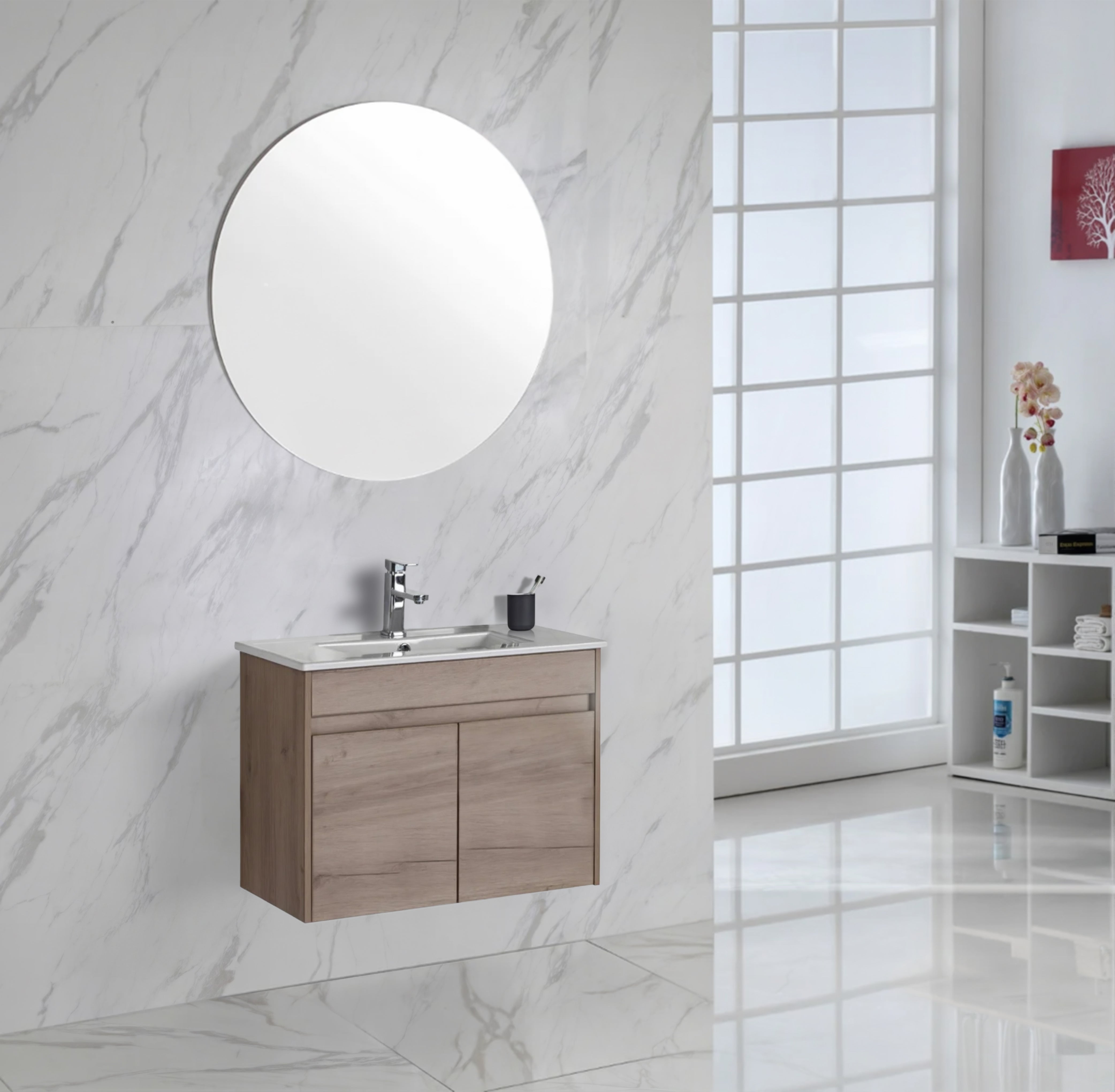 AULIC YORK WHITE OAK 600MM SPACE SAVING SINGLE BOWL WALL HUNG VANITY