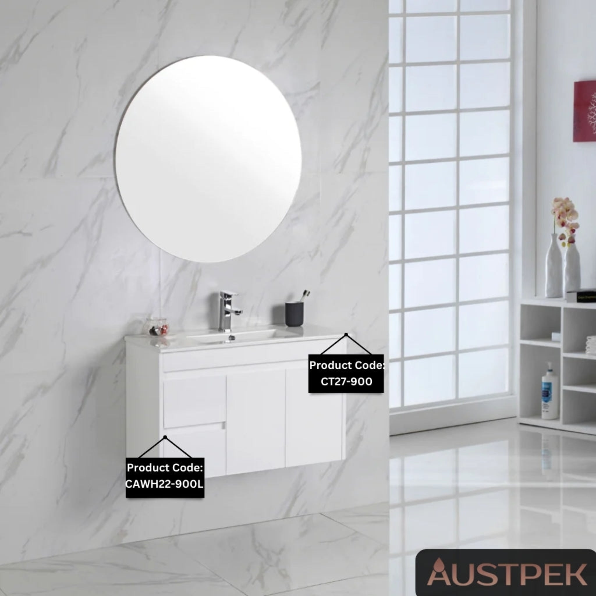 AULIC MAYA WHITE 900MM SPACE SAVING SINGLE BOWL WALL HUNG VANITY