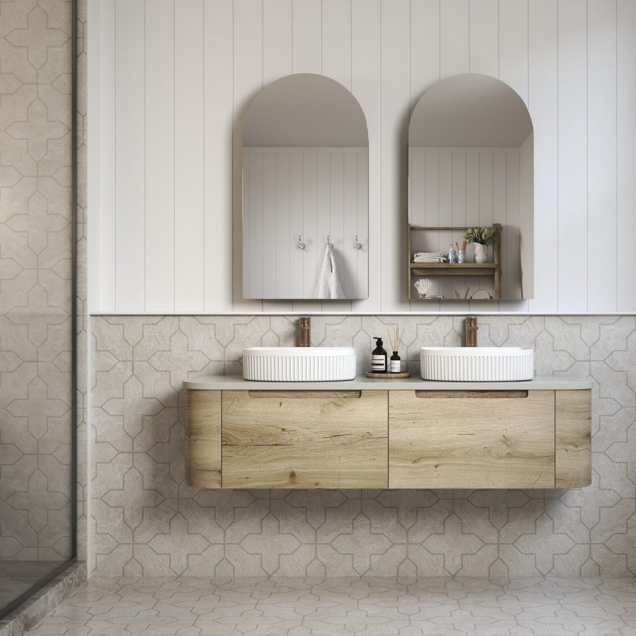AULIC HAMILTON WHITE OAK 1500MM DOUBLE BOWL WALL HUNG VANITY