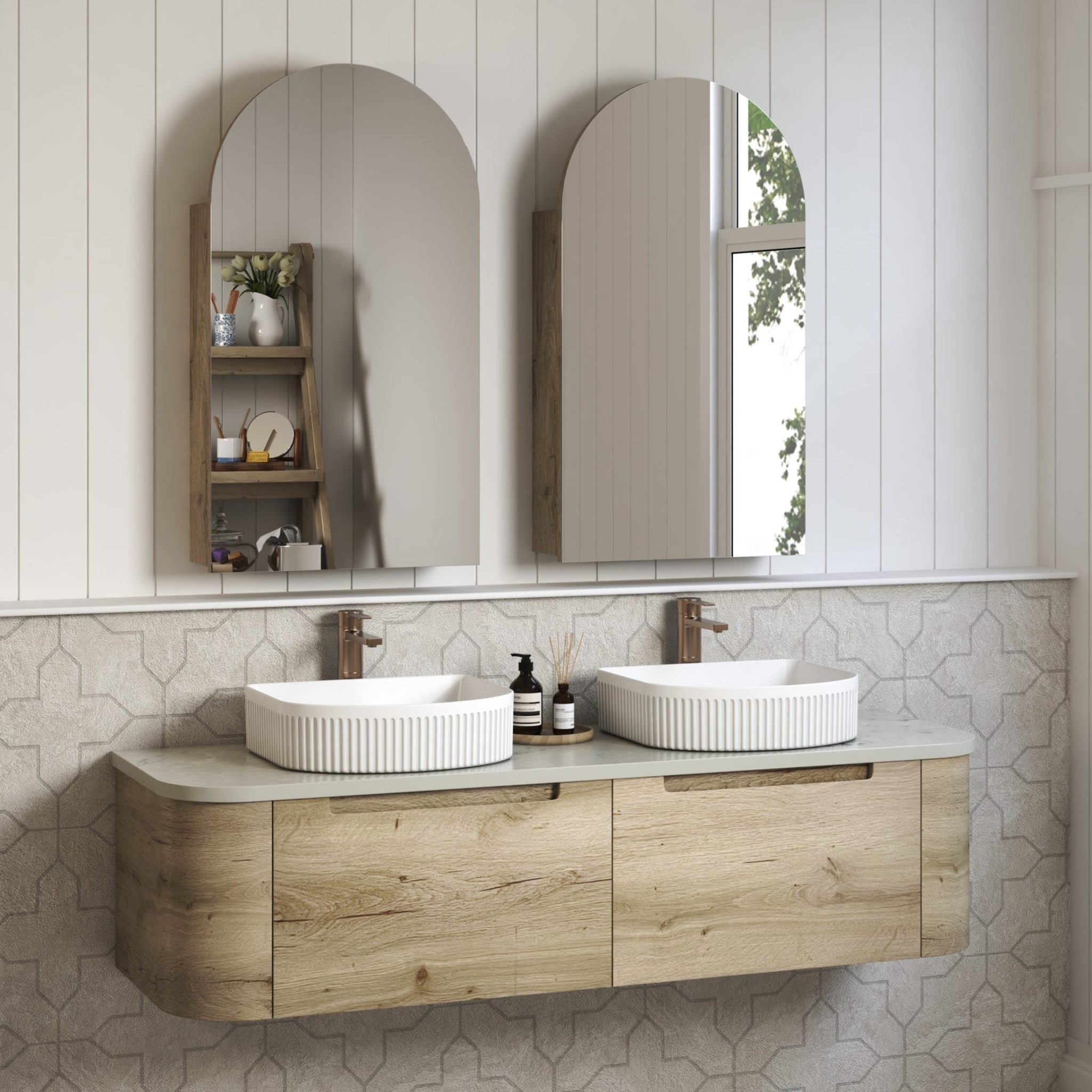 AULIC HAMILTON WHITE OAK 1500MM DOUBLE BOWL WALL HUNG VANITY