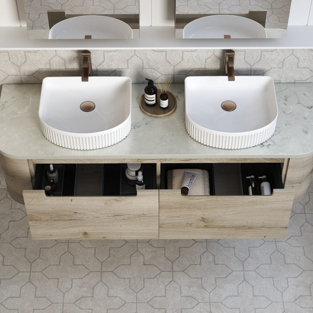 AULIC HAMILTON WHITE OAK 1500MM DOUBLE BOWL WALL HUNG VANITY