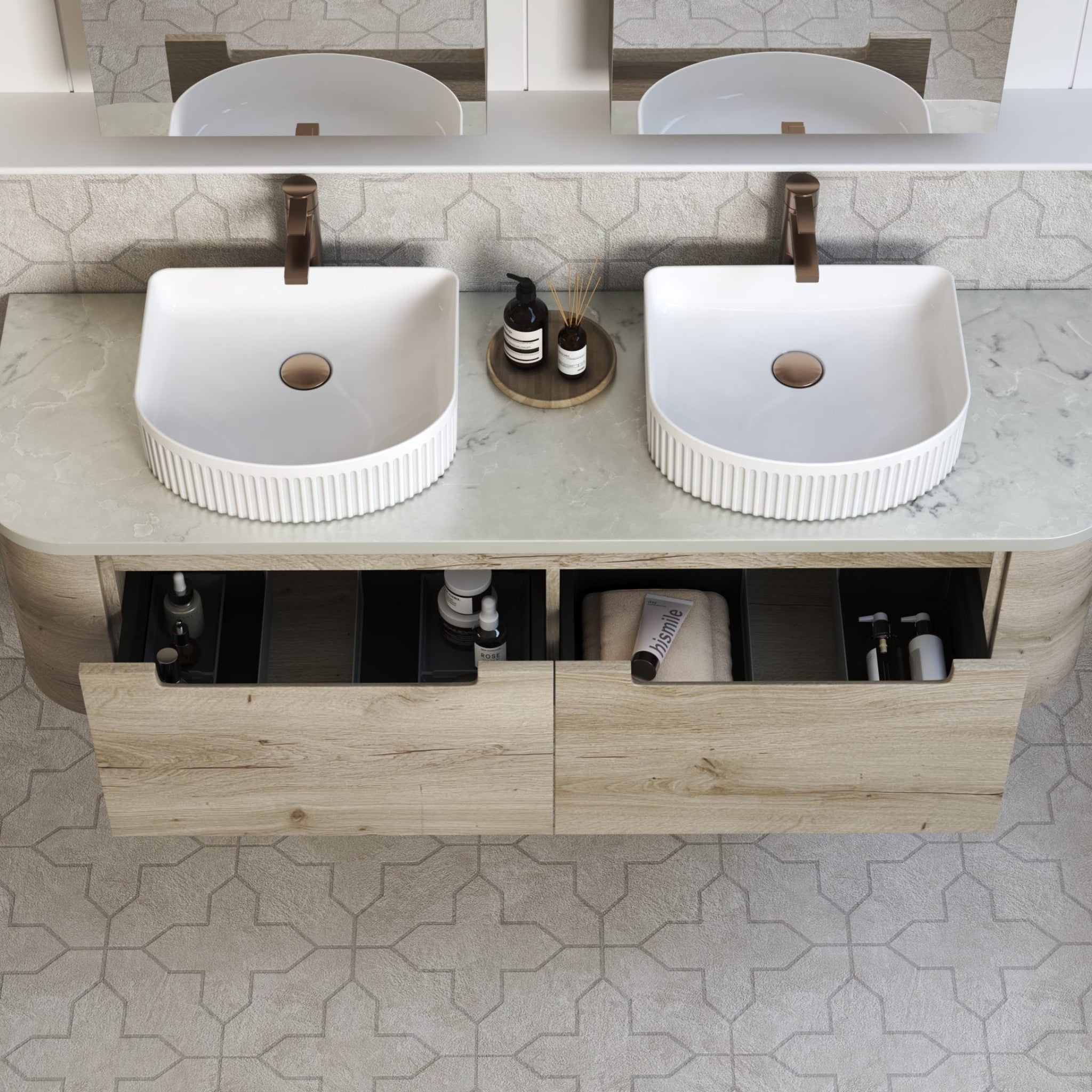 AULIC HAMILTON WHITE OAK 1500MM DOUBLE BOWL WALL HUNG VANITY