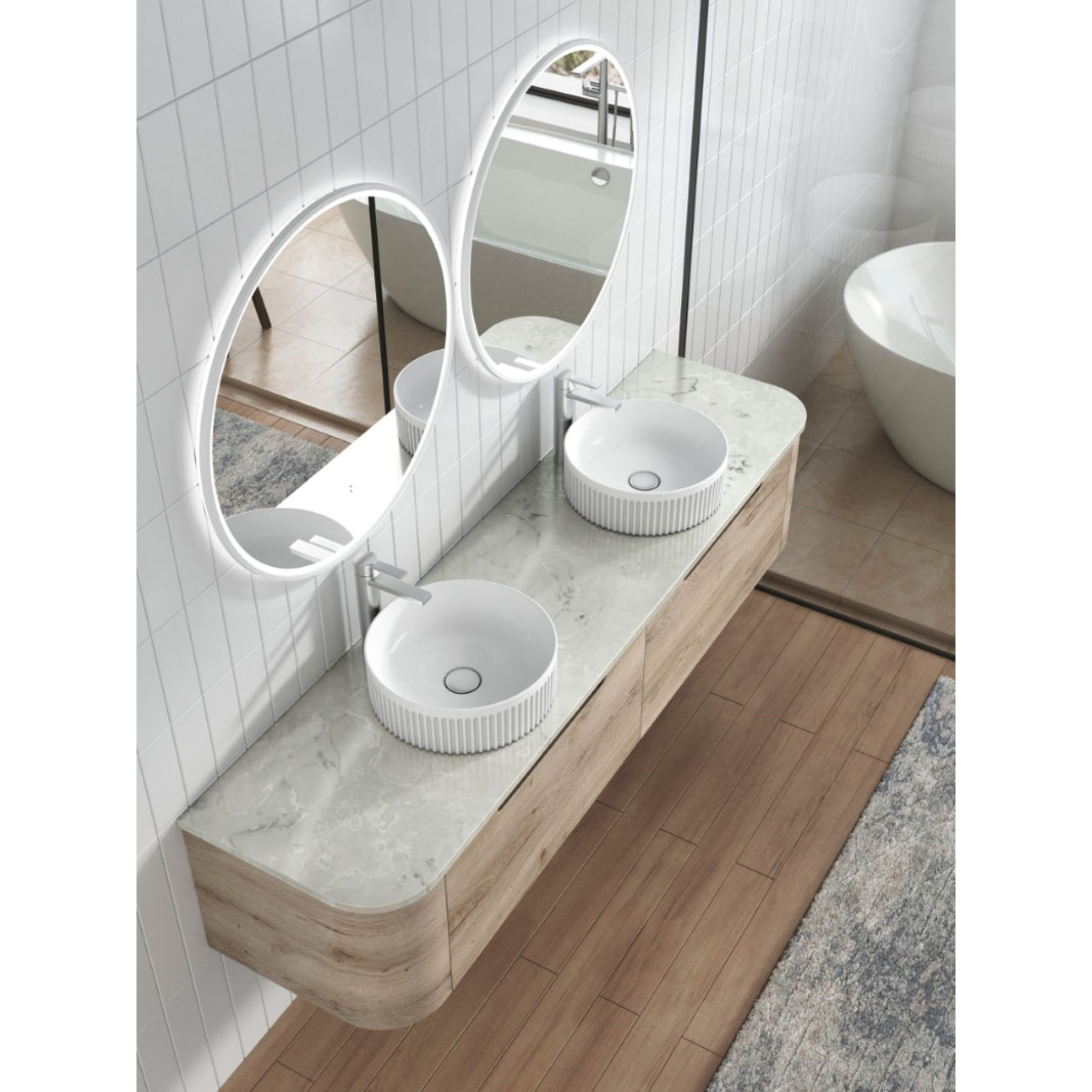 AULIC HAMILTON WHITE OAK 1800MM DOUBLE BOWL WALL HUNG VANITY W/ GERMAN HETTICH RUNNERS