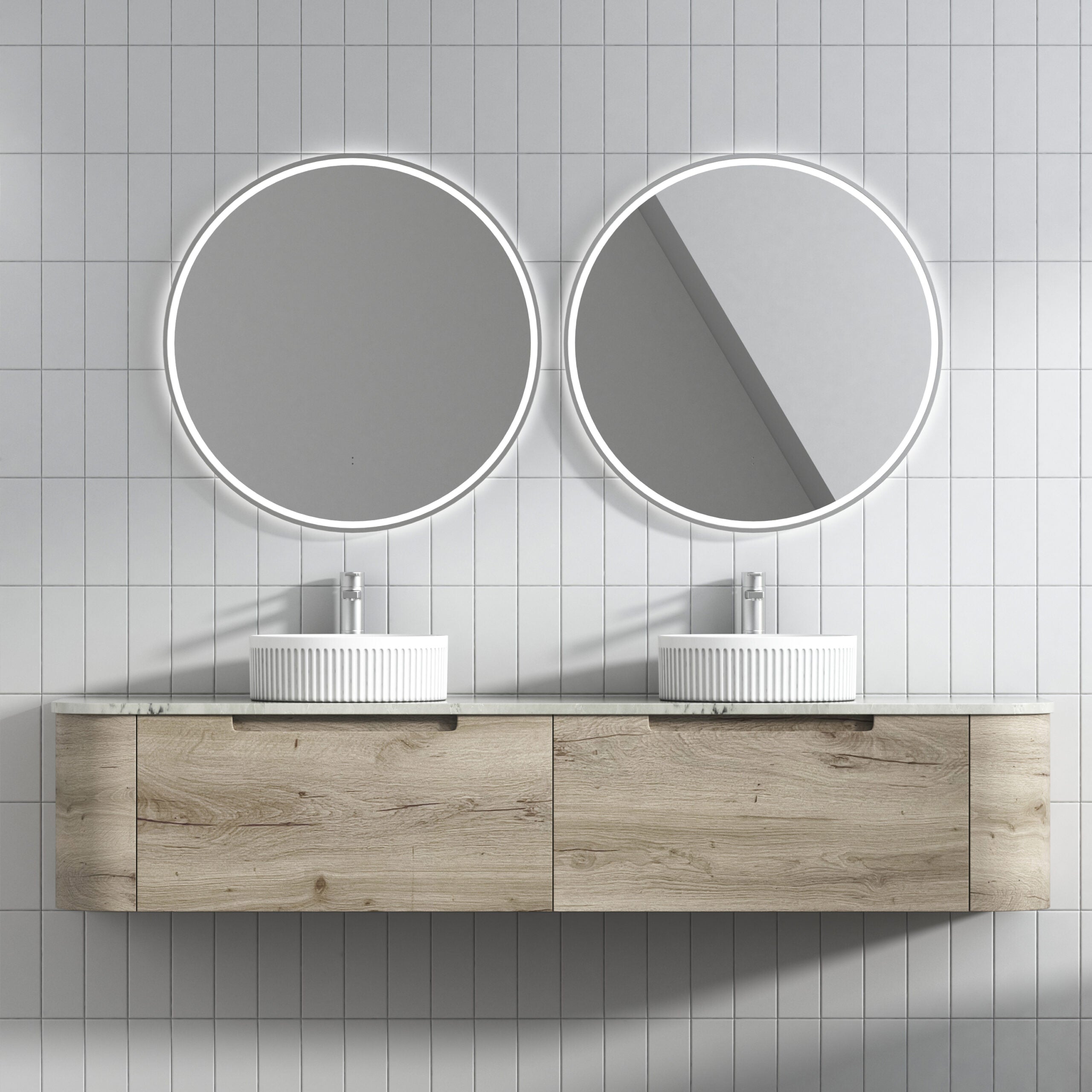 AULIC HAMILTON WHITE OAK 1800MM DOUBLE BOWL WALL HUNG VANITY W/ GERMAN HETTICH RUNNERS