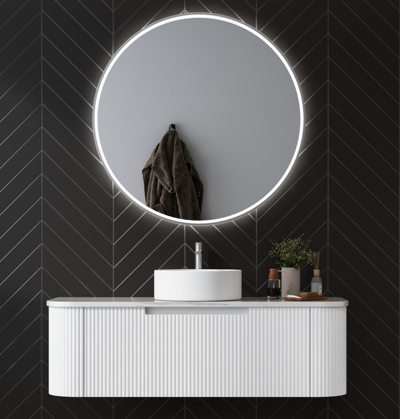 AULIC PETRA CURVED MATTE WHITE 1200MM SINGLE BOWL WALL HUNG VANITY W/ GERMAN HETTICH RUNNERS