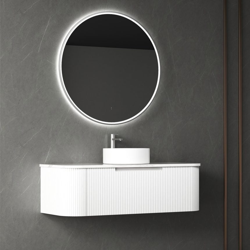 AULIC PETRA CURVED MATTE WHITE 1200MM SINGLE BOWL WALL HUNG VANITY W/ GERMAN HETTICH RUNNERS