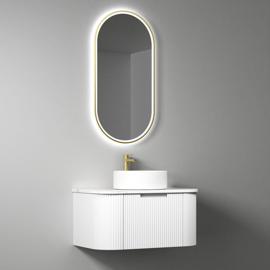 AULIC PETRA CURVED MATTE WHITE 750MM SINGLE BOWL WALL HUNG VANITY W/ GERMAN HETTICH RUNNERS