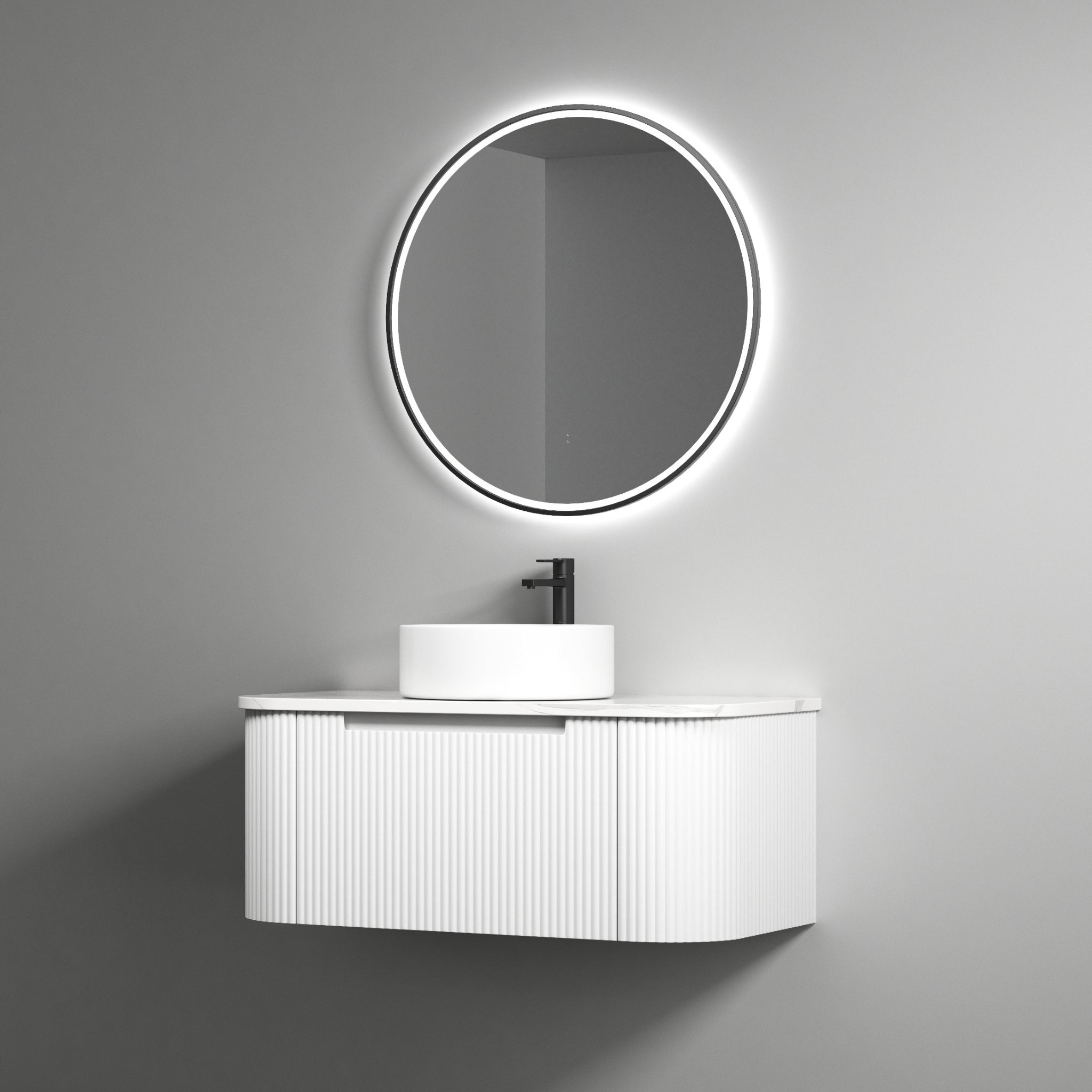 AULIC PETRA MARK II CURVED MATTE WHITE 900MM SINGLE BOWL WALL HUNG VANITY W/ GERMAN HETTICH RUNNERS