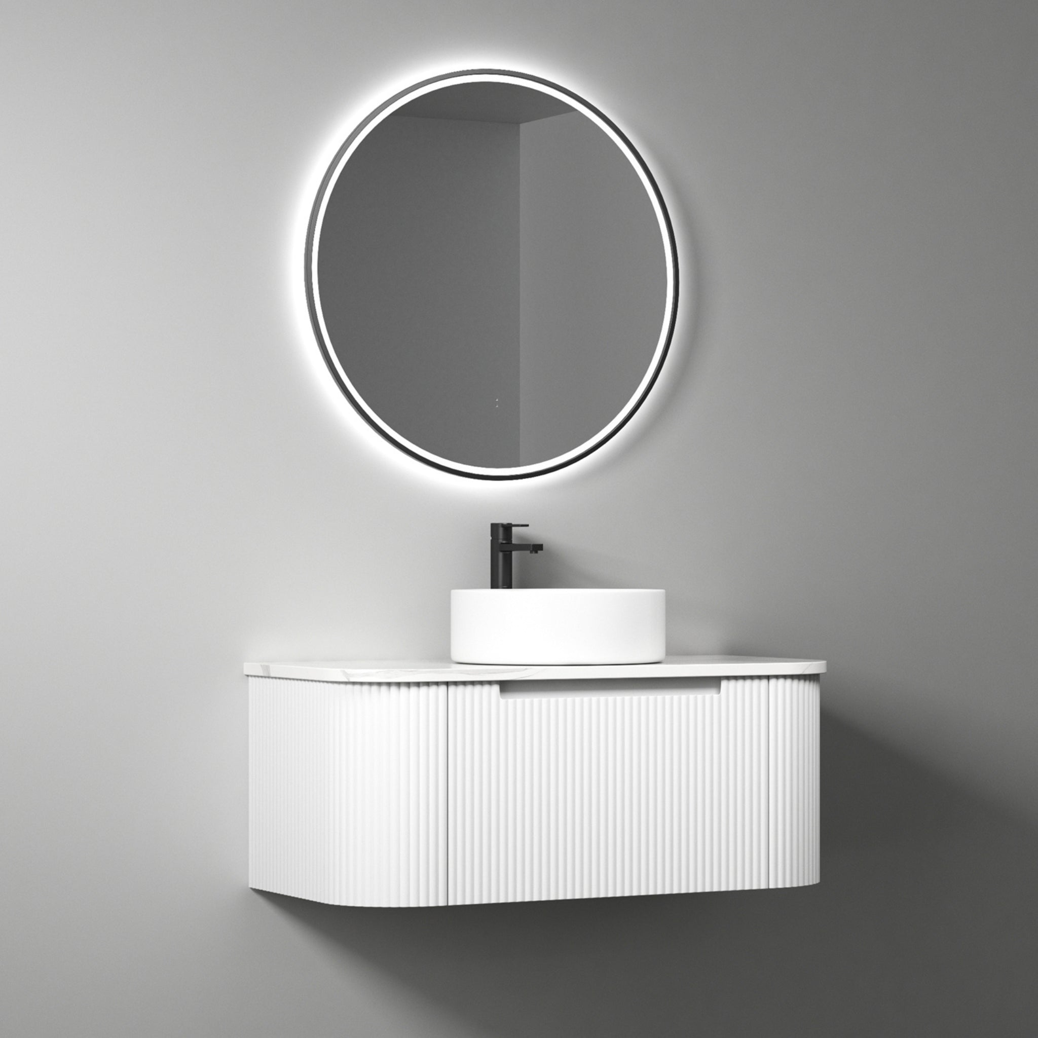 AULIC PETRA MARK II CURVED MATTE WHITE 900MM SINGLE BOWL WALL HUNG VANITY W/ GERMAN HETTICH RUNNERS