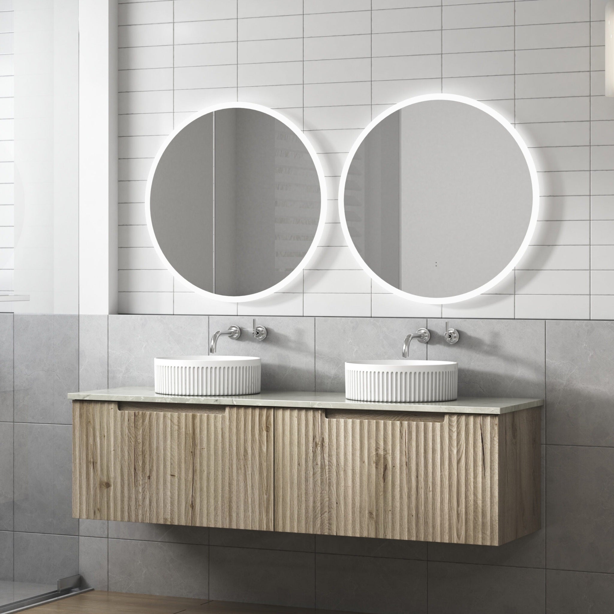 AULIC TUSCANA WOOD GRAIN 1500MM DOUBLE BOWL WALL HUNG VANITY W/ GERMAN HETTICH RUNNERS