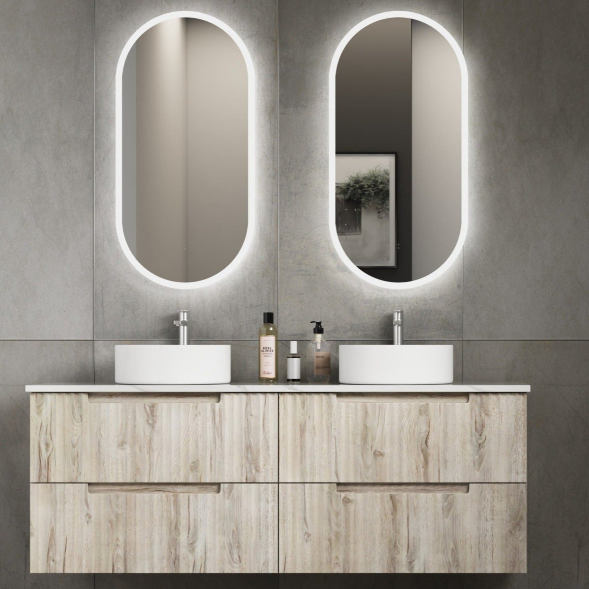 AULIC TUSCANA WOOD GRAIN 1500MM DOUBLE BOWL WALL HUNG VANITY W/ GERMAN HETTICH RUNNERS