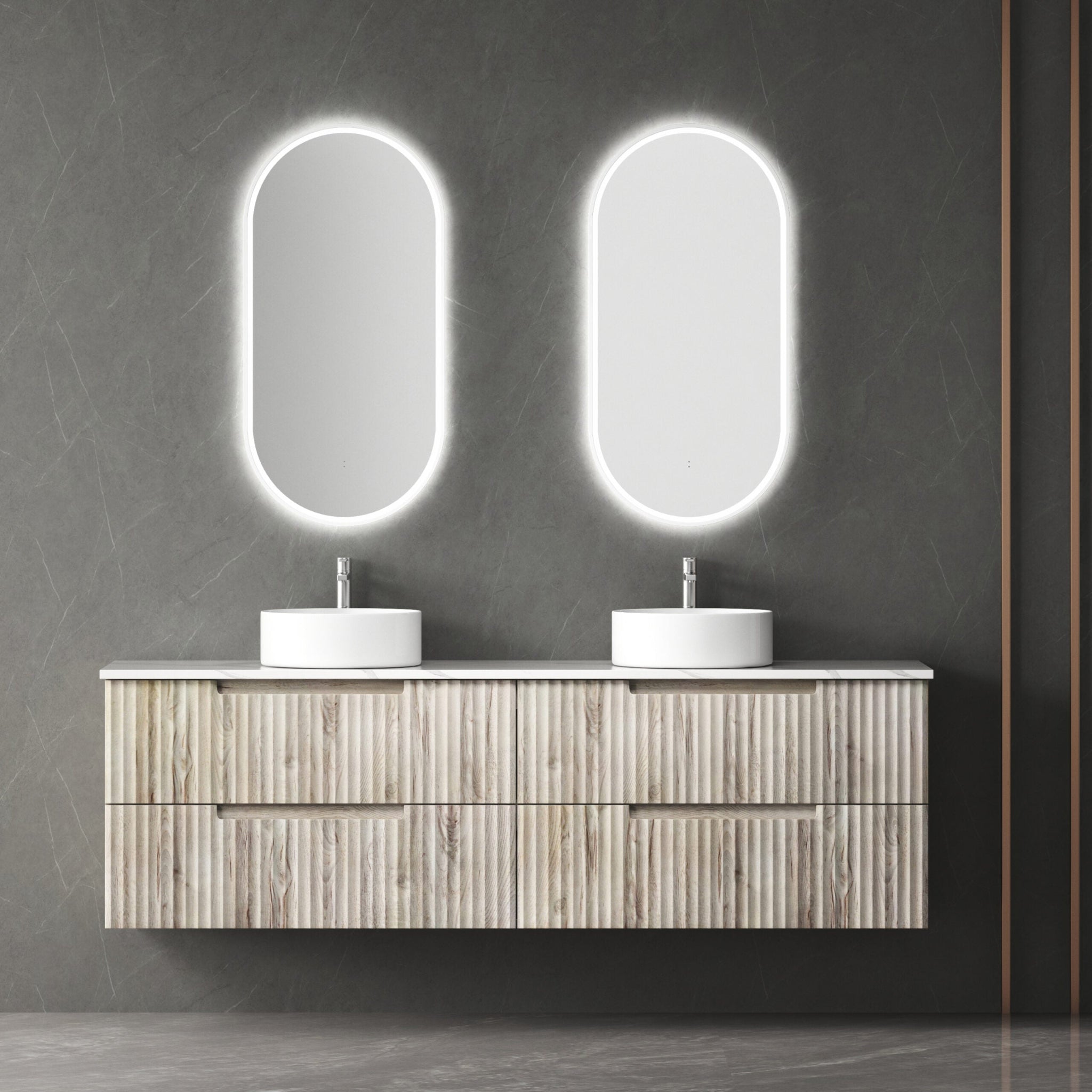 AULIC TUSCANA WOOD GRAIN 1800MM DOUBLE BOWL WALL HUNG VANITY W/ GERMAN HETTICH RUNNERS