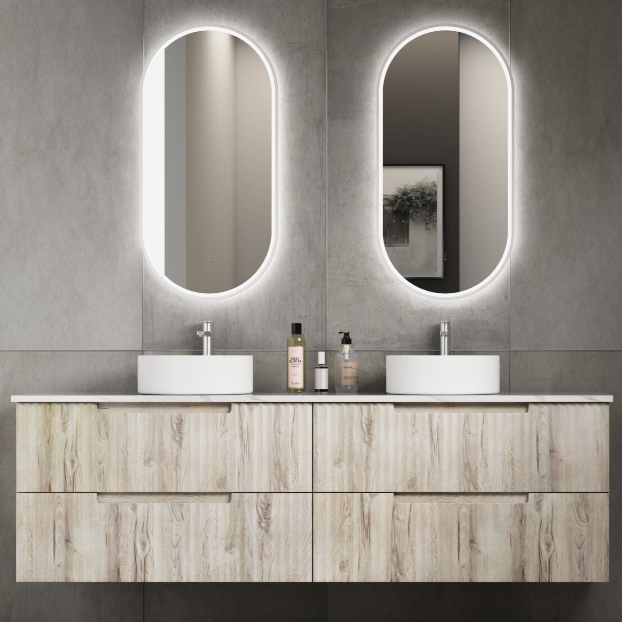 AULIC TUSCANA WOOD GRAIN 1800MM DOUBLE BOWL WALL HUNG VANITY W/ GERMAN HETTICH RUNNERS
