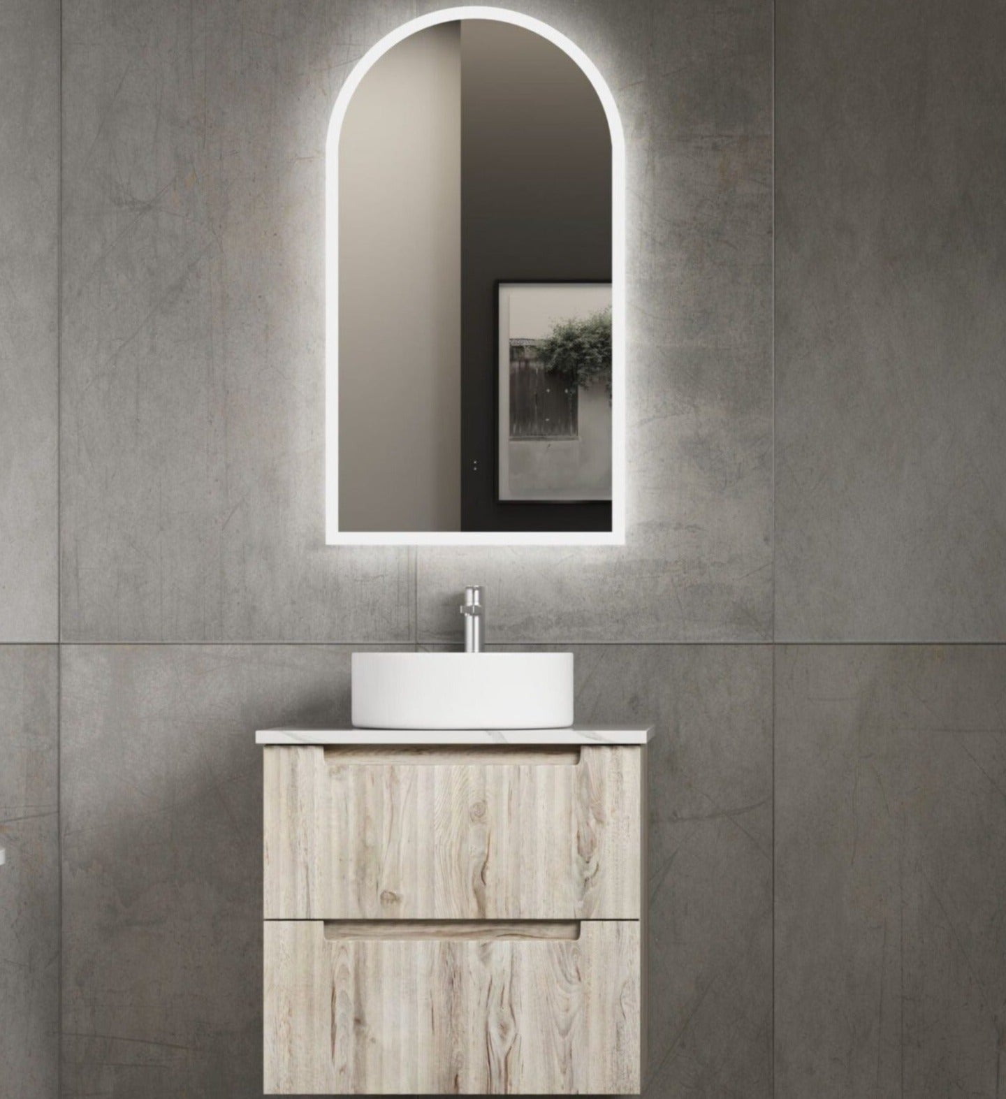AULIC TUSCANA WOOD GRAIN 600MM SINGLE BOWL WALL HUNG VANITY W/ GERMAN HETTICH RUNNERS
