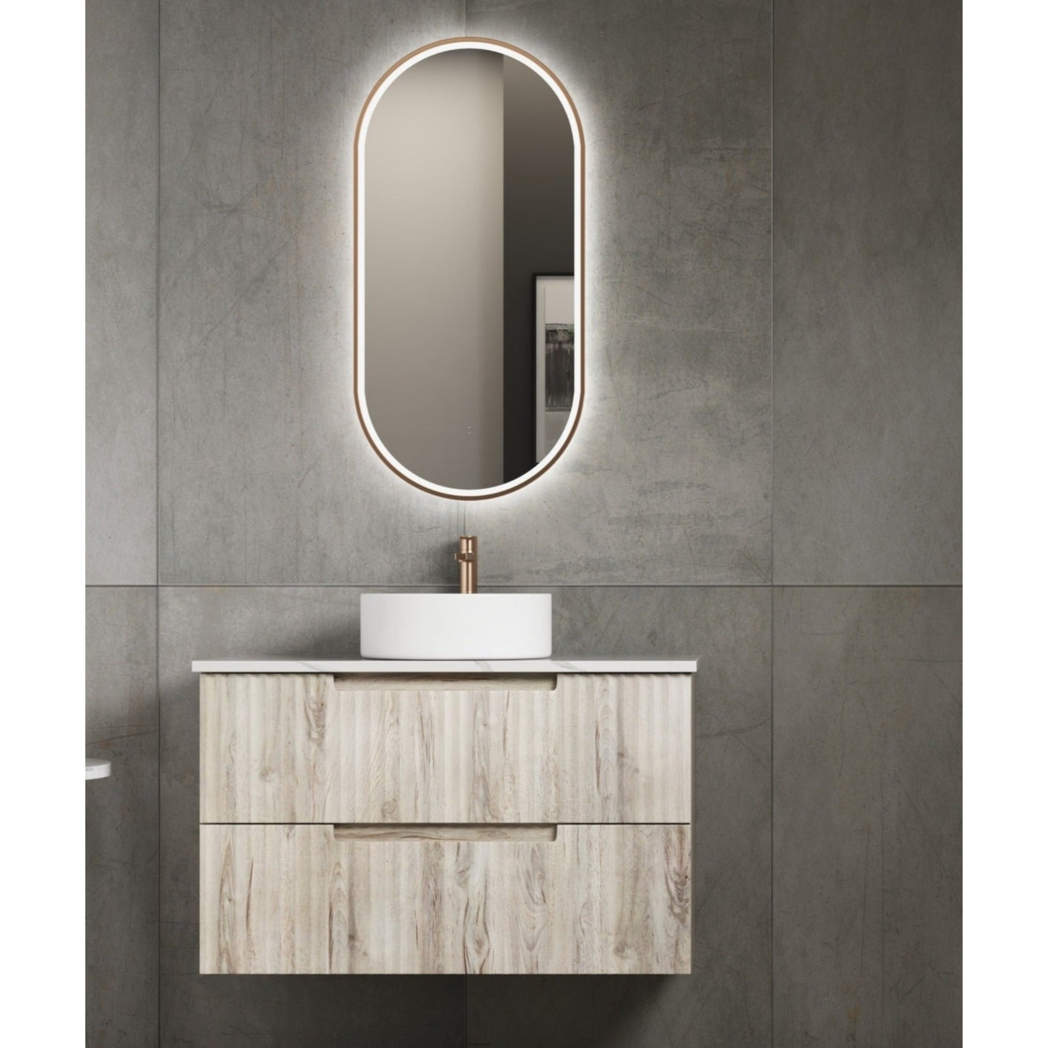 AULIC TUSCANA WOOD GRAIN 900MM SINGLE BOWL WALL HUNG VANITY W/ GERMAN HETTICH RUNNERS