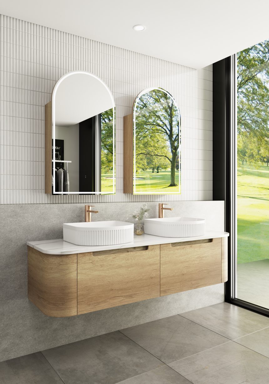 AULIC CARITA NATURAL TIMBER 1500MM DOUBLE BOWL WALL HUNG VANITY