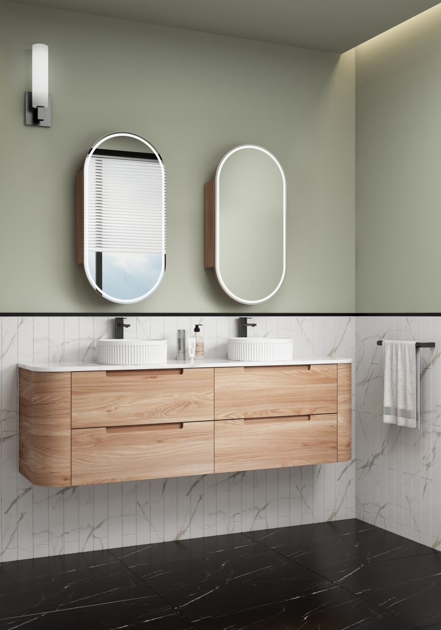 AULIC BRIONY REAL TIMBER 1800MM CURVE DOUBLE BOWL WALL HUNG VANITY