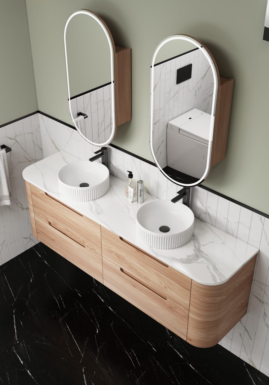 AULIC BRIONY REAL TIMBER 1800MM CURVE DOUBLE BOWL WALL HUNG VANITY