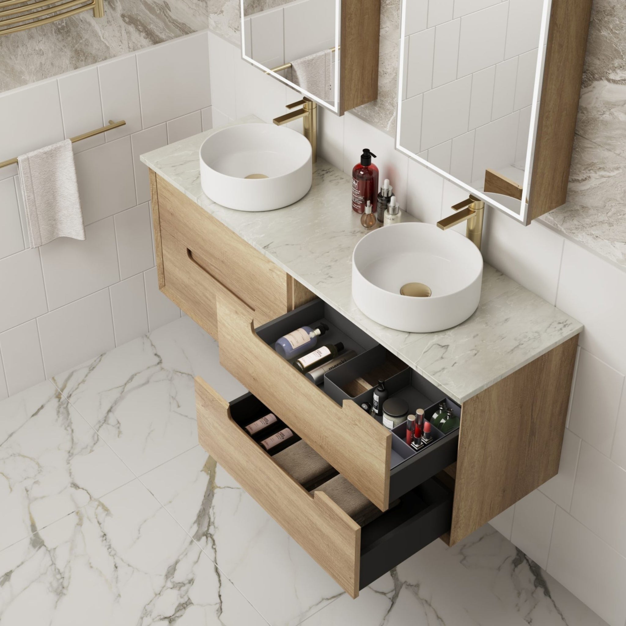 AULIC MORENO NATURAL TIMBER 1500MM DOUBLE BOWL WALL HUNG VANITY