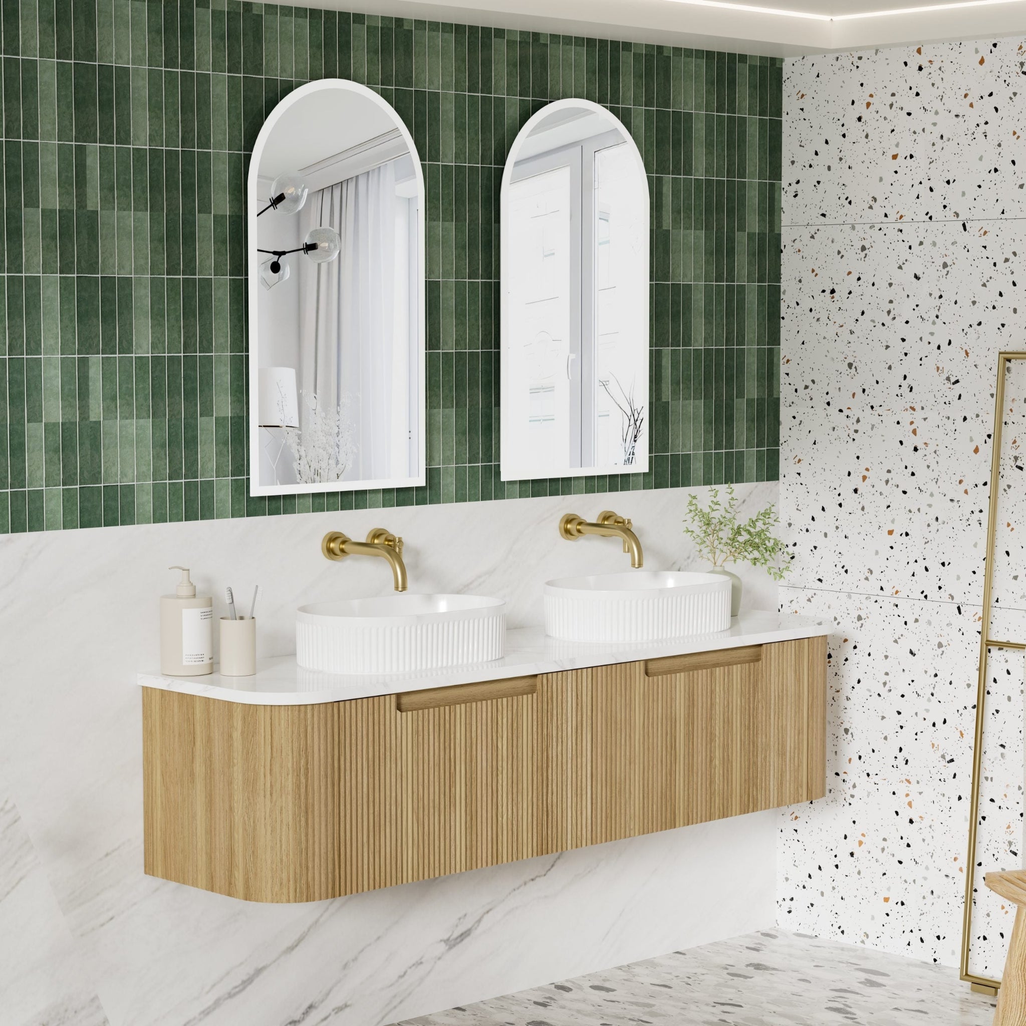 AULIC VARCELLI MONO CURVED HARVEST OAK 1800MM DOUBLE BOWL WALL HUNG VANITY