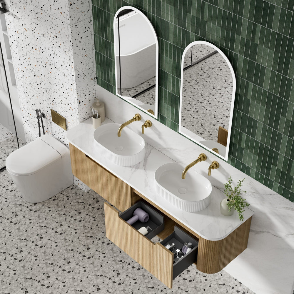 AULIC VARCELLI MONO CURVED HARVEST OAK 1800MM DOUBLE BOWL WALL HUNG VANITY
