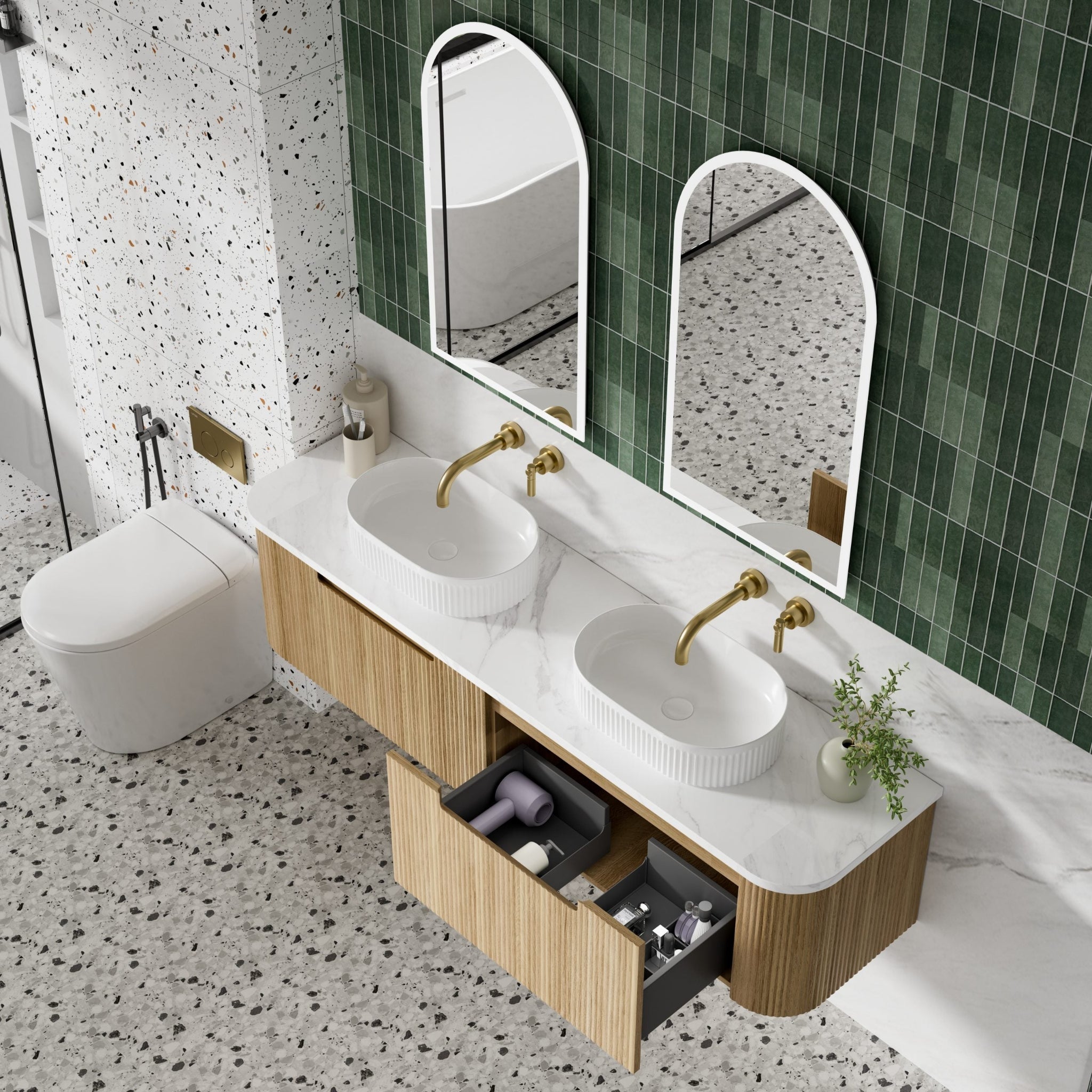 AULIC VARCELLI MONO CURVED HARVEST OAK 1800MM DOUBLE BOWL WALL HUNG VANITY