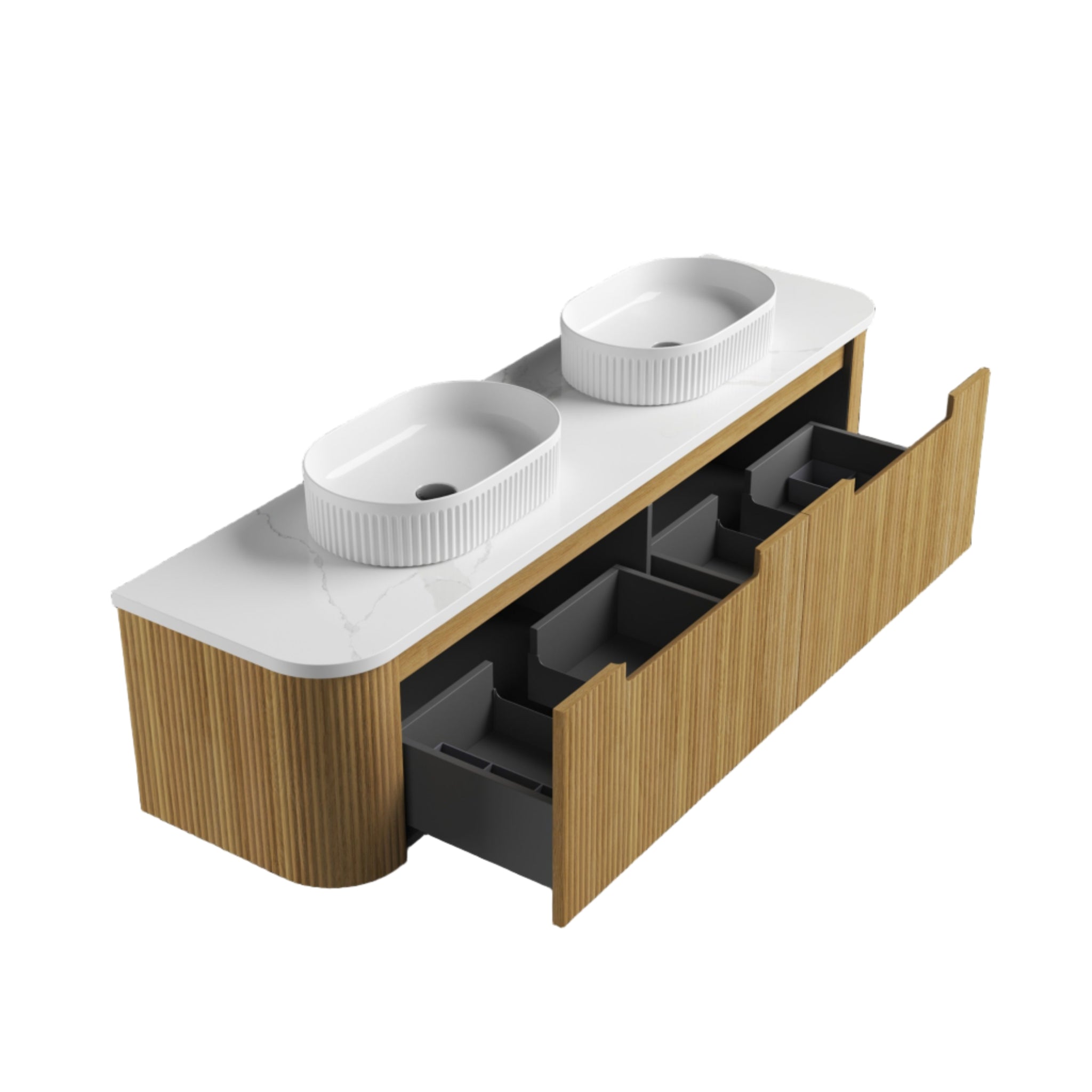 AULIC VARCELLI MONO CURVED HARVEST OAK 1800MM DOUBLE BOWL WALL HUNG VANITY