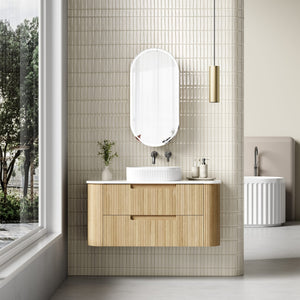 AULIC VARCELLI TIER CURVED HARVEST OAK 1200MM SINGLE BOWL WALL HUNG VANITY