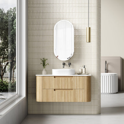 AULIC VARCELLI TIER CURVED HARVEST OAK 1200MM SINGLE BOWL WALL HUNG VANITY