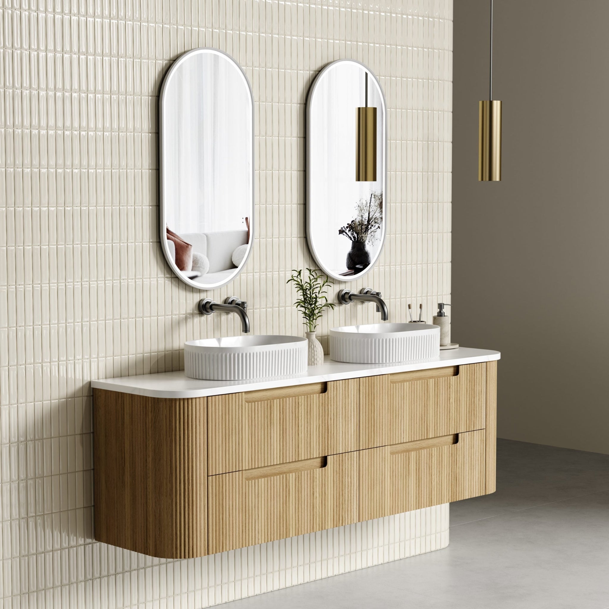 AULIC VARCELLI TIER CURVED HARVEST OAK 1800MM DOUBLE BOWL WALL HUNG VANITY