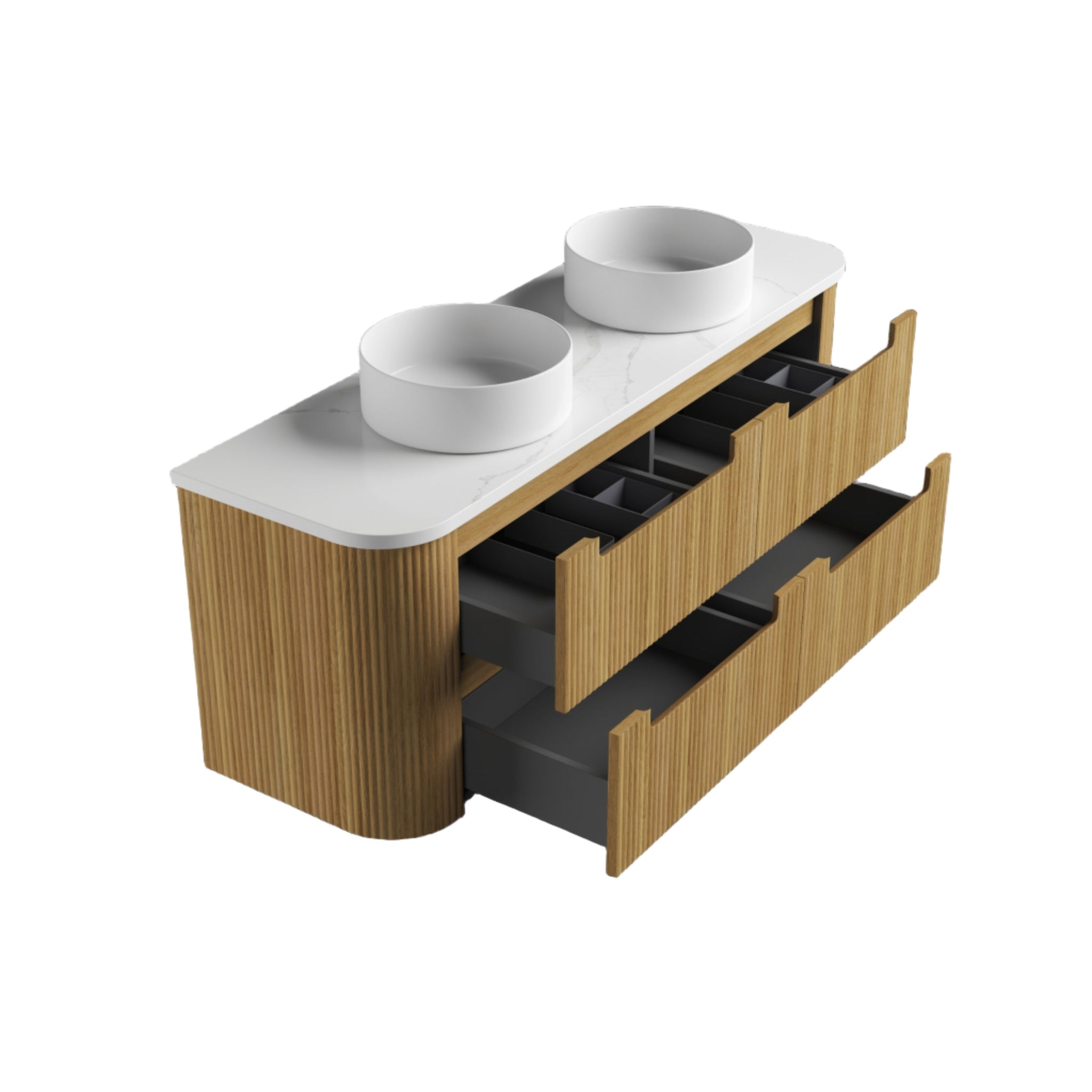 AULIC VARCELLI TIER CURVED HARVEST OAK 1800MM DOUBLE BOWL WALL HUNG VANITY