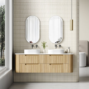 AULIC VARCELLI TIER CURVED HARVEST OAK 1800MM DOUBLE BOWL WALL HUNG VANITY