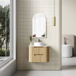 AULIC VARCELLI TIER CURVED HARVEST OAK 750MM SINGLE BOWL WALL HUNG VANITY