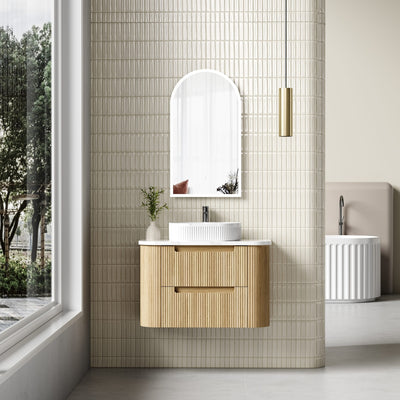 AULIC VARCELLI TIER CURVED HARVEST OAK 900MM SINGLE BOWL WALL HUNG VANITY
