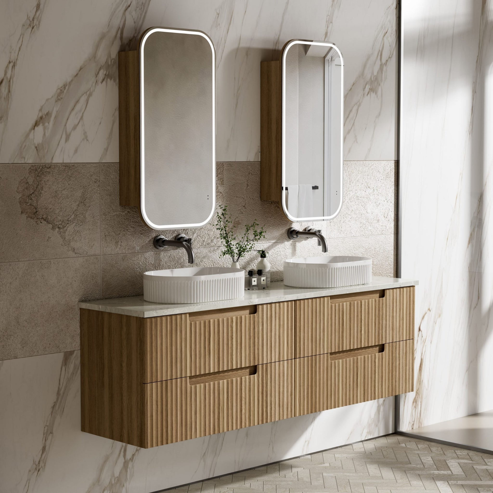 AULIC LOVINA TIER HARVEST OAK 1500MM DOUBLE BOWL WALL HUNG VANITY