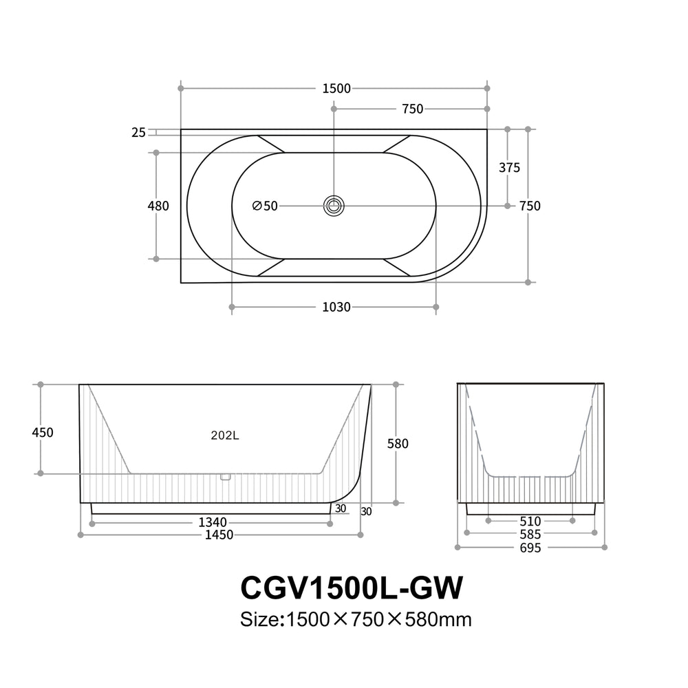 VITO CORA FLUTED LEFT CORNER FREESTANDING BATHTUB GLOSS WHITE (AVAILABLE IN 1500MM AND 1700MM)