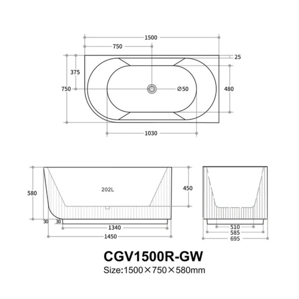 VITO CORA FLUTED RIGHT CORNER FREESTANDING BATHTUB MATTE WHITE (AVAILABLE IN 1500MM AND 1700MM)