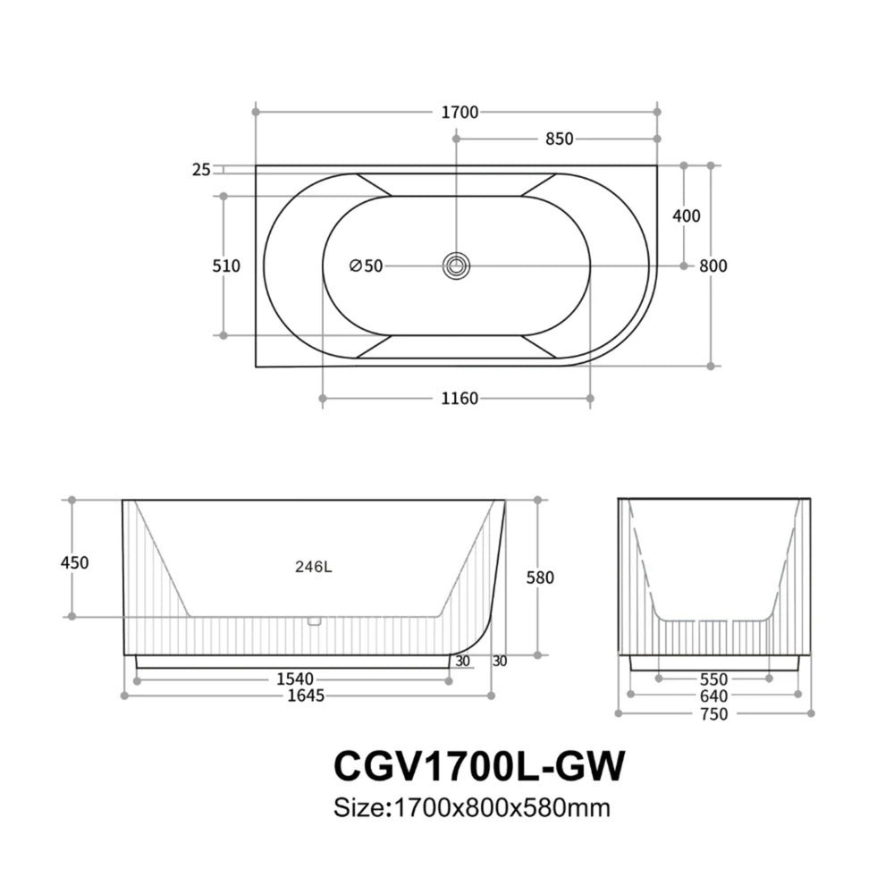 VITO CORA FLUTED LEFT CORNER FREESTANDING BATHTUB GLOSS WHITE (AVAILABLE IN 1500MM AND 1700MM)
