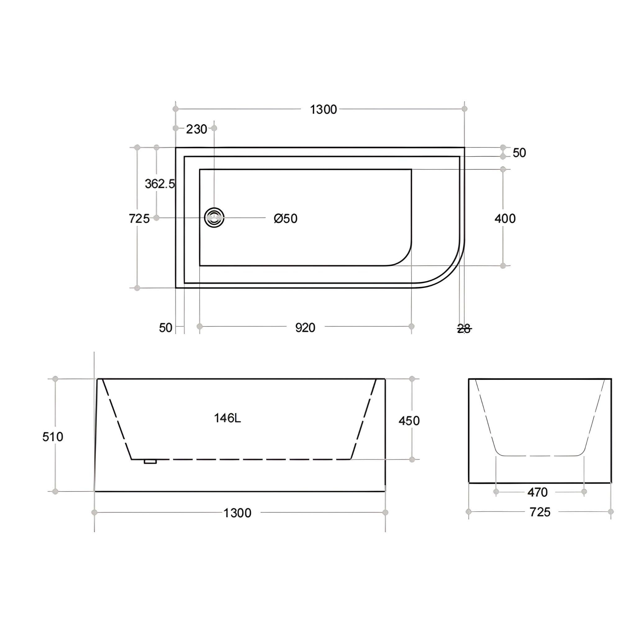 POSEIDON LEFT CORNER MULTI-FIT BATHTUB GLOSS WHITE (AVAILABLE IN 1300MM, 1400MM, 1500MM AND 1700MM)