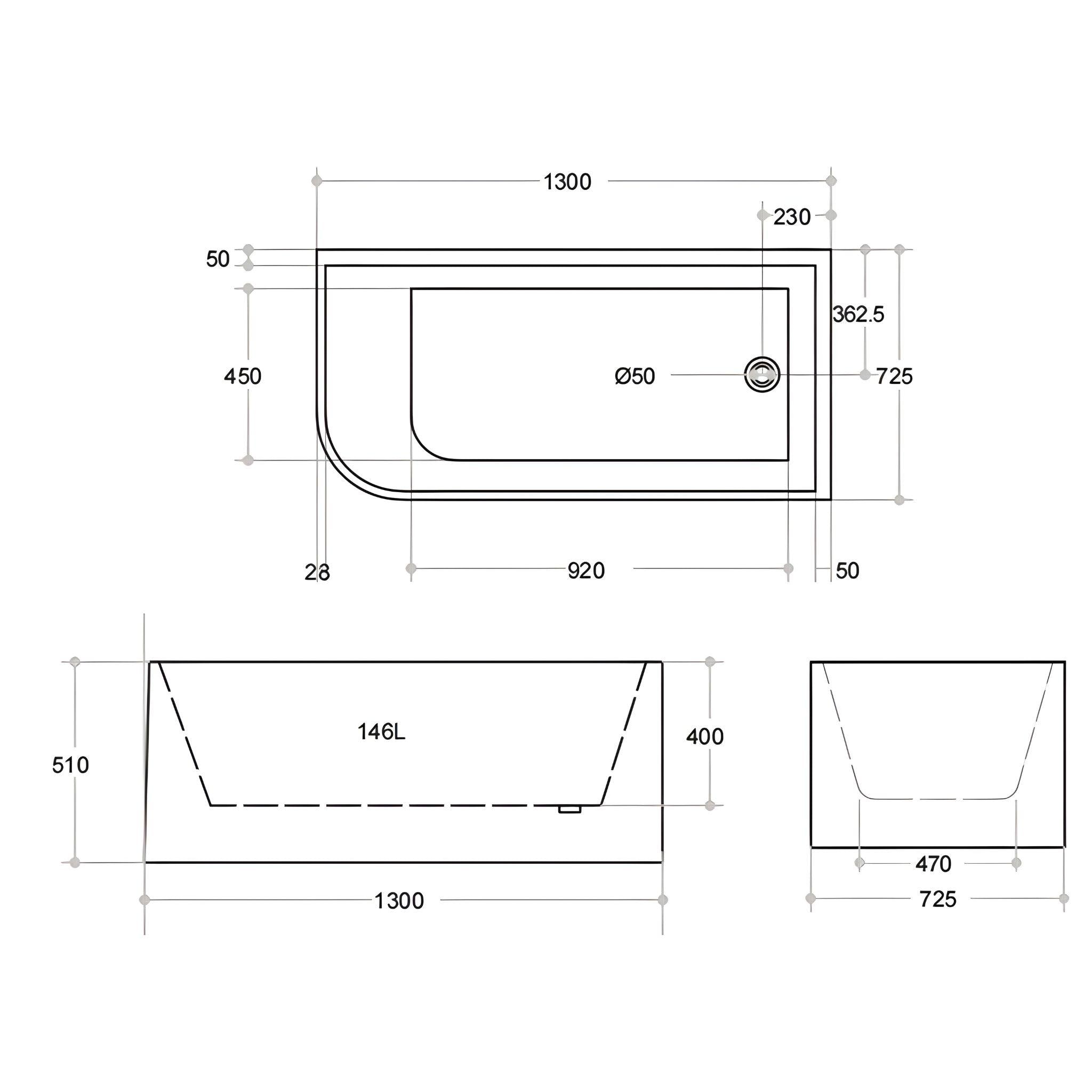 POSEIDON GLOSS WHITE RIGHT CORNER MULTI-FIT BATHTUB 510MM HEIGHT (AVAILABLE IN 1300MM, 1400MM, 1500MM AND 1700MM)