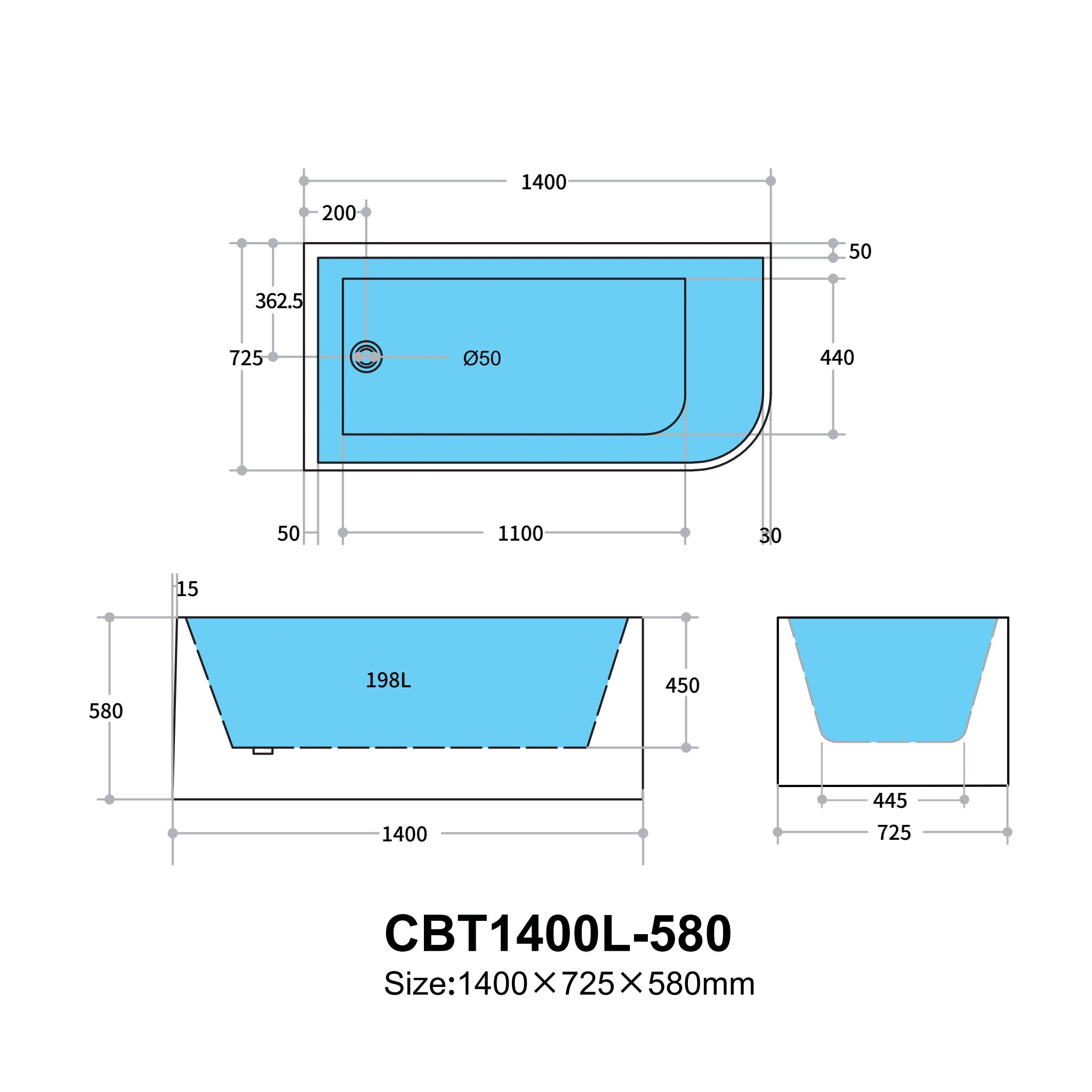 POSEIDON LEFT CORNER MULTI-FIT BATHTUB GLOSS WHITE 580MM (AVAILABLE IN 1400MM, 1500MM AND 1700MM)