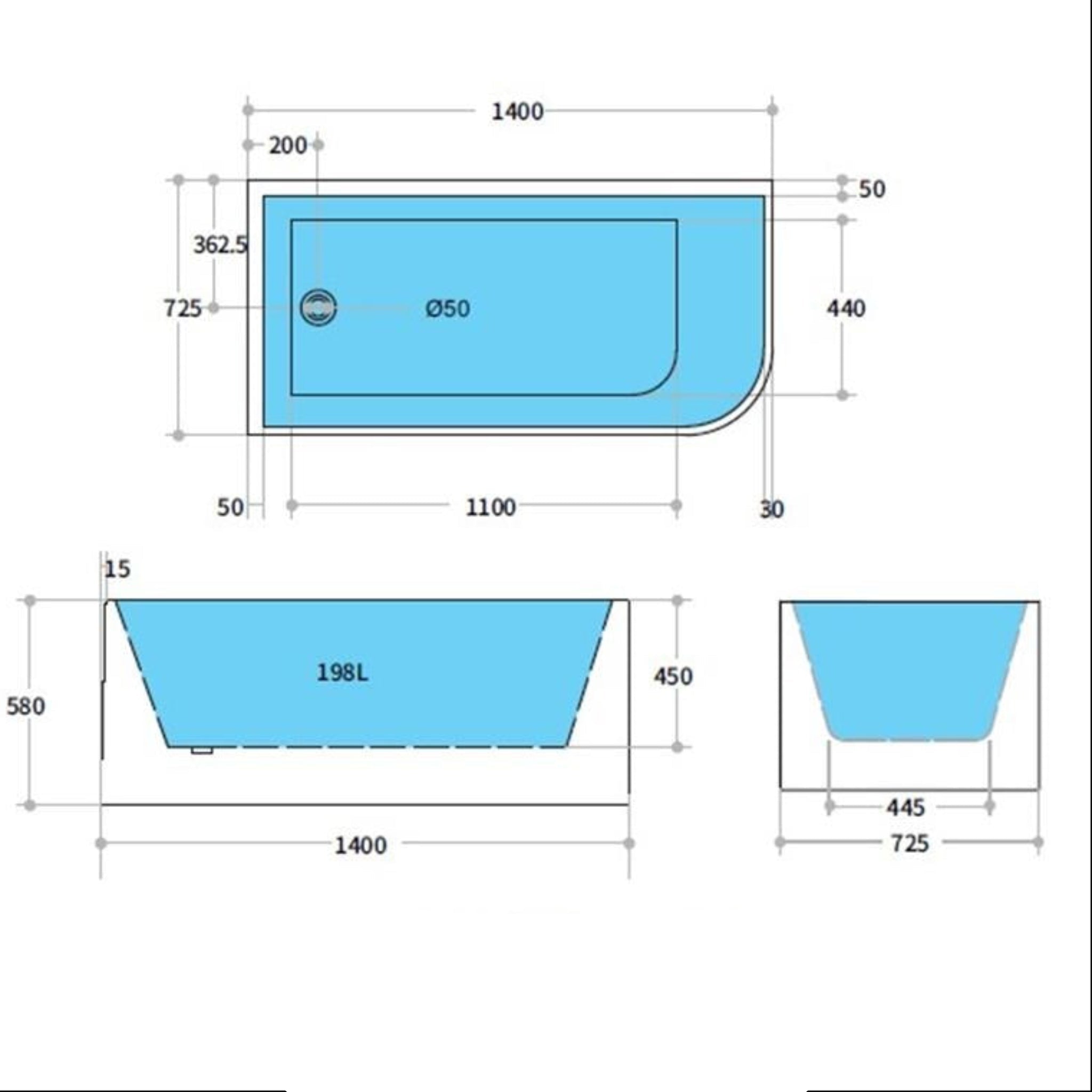 POSEIDON CASEY LEFT CORNER BATHTUB MATTE WHITE (AVAILABLE IN 1400MM, 1500MM AND 1700MM)
