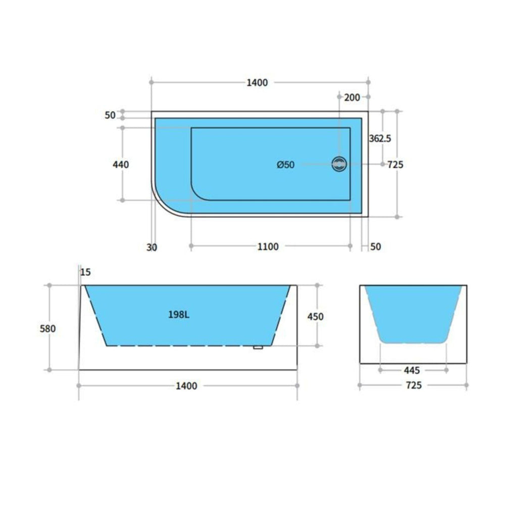 POSEIDON CASEY RIGHT CORNER BATHTUB MATTE WHITE (AVAILABLE IN 1400MM, 1500MM AND 1700MM)