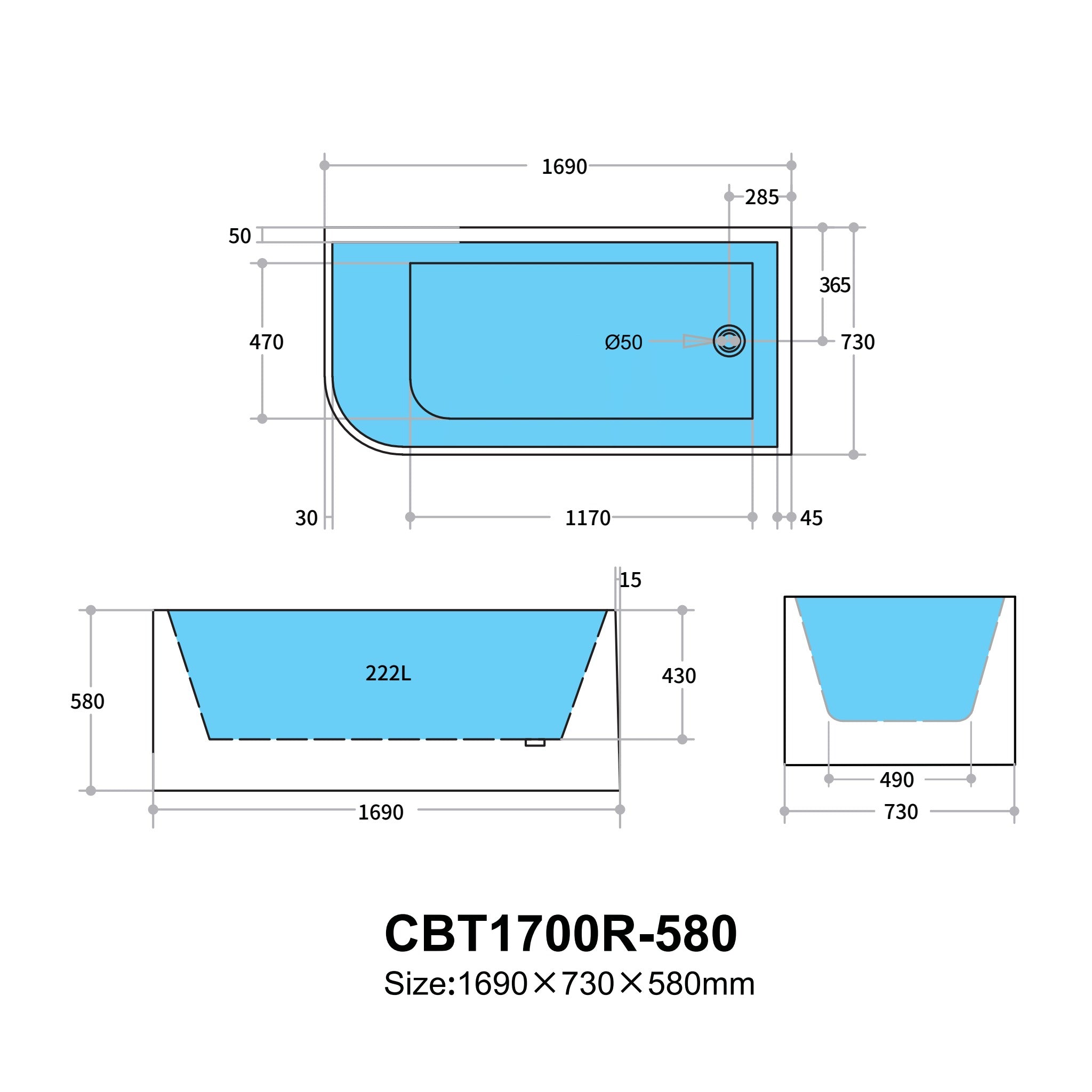 POSEIDON GLOSS WHITE RIGHT CORNER MULTI-FIT BATHTUB 580MM (AVAILABLE IN 1400MM, 1500MM AND 1700MM)