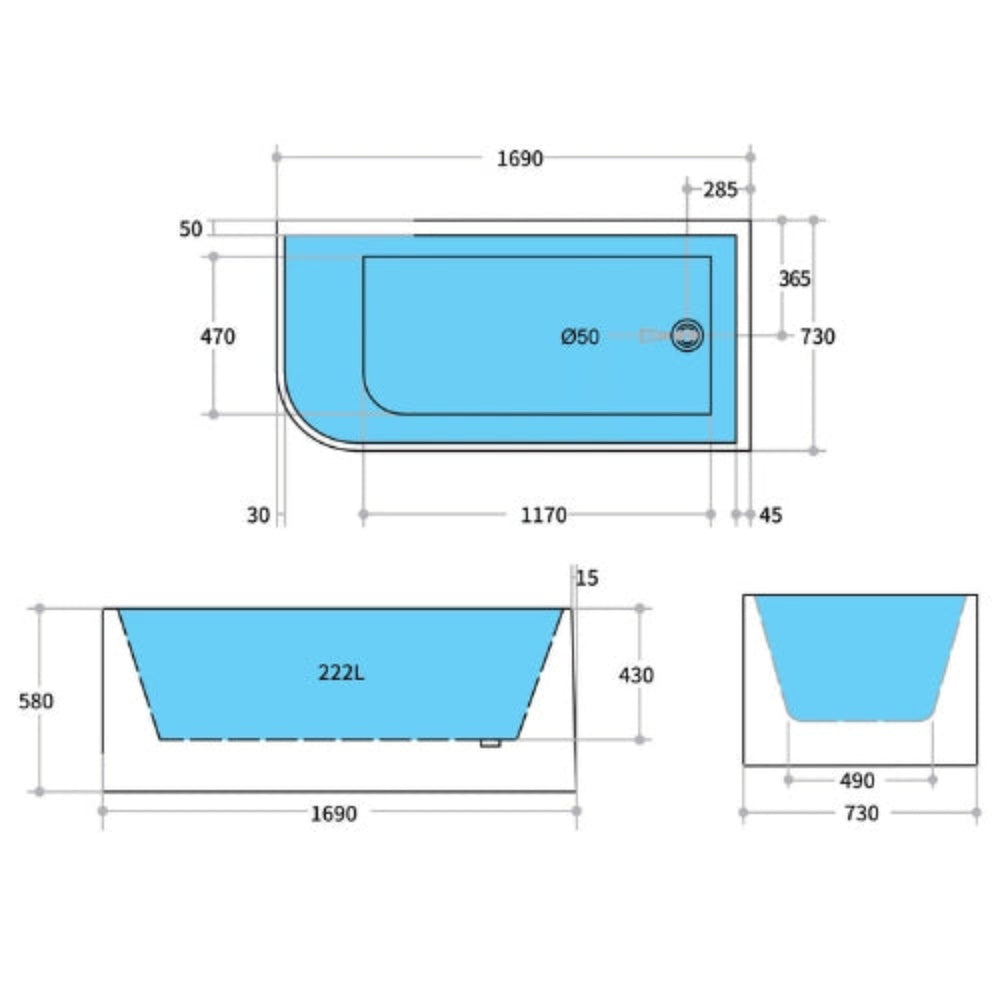 POSEIDON CASEY RIGHT CORNER BATHTUB MATTE WHITE (AVAILABLE IN 1400MM, 1500MM AND 1700MM)